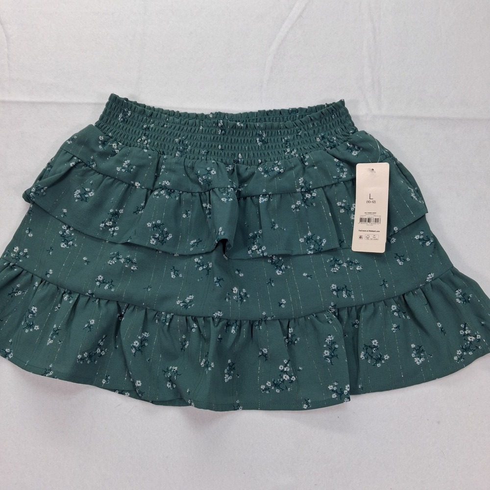 Weekend Academy Skirt Girls L 10-12 Tiered Ruffle Teal Floral Metallic NEW